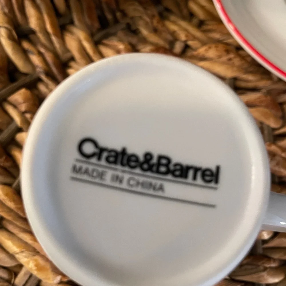 Crate&Barrel Red-Trimmed White Mugs